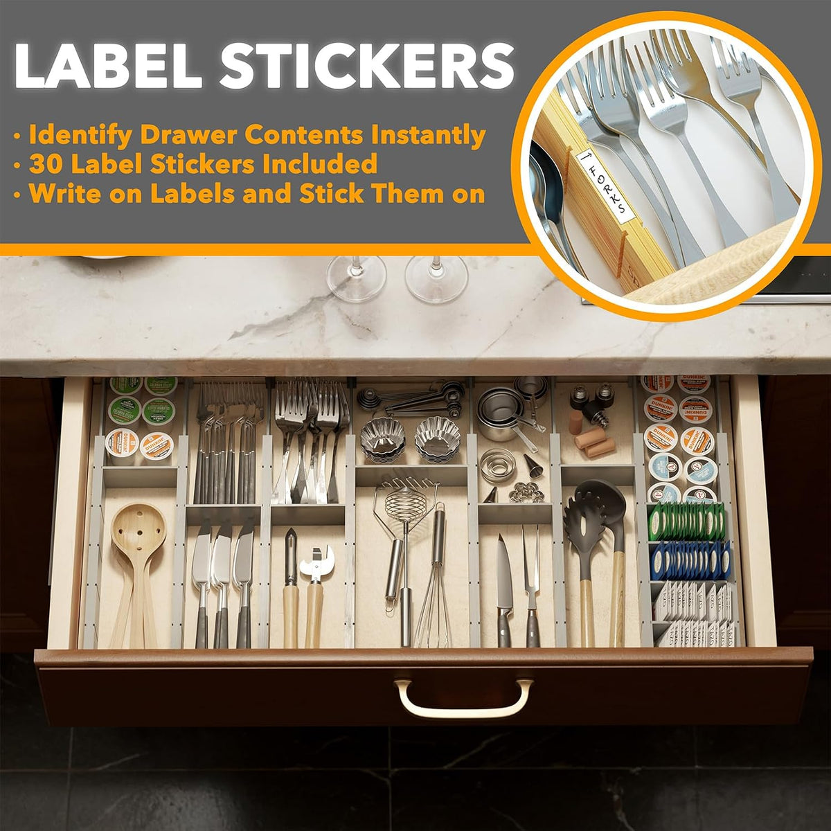 SpaceAid Bamboo Drawer Dividers with Inserts and Labels, Kitchen Adjustable Drawer Organizers, Expandable Organization for Home, Office, Dressers, 10 Dividers with 24 Inserts (17"-22" Gray)