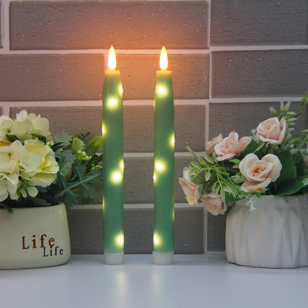 Flameless Flickering Taper Candles Battery Operated with Embedded String Lights, wtih Timer and Remote, LED Real Wax Tapered Dinner Candle Set of 2 (Green)