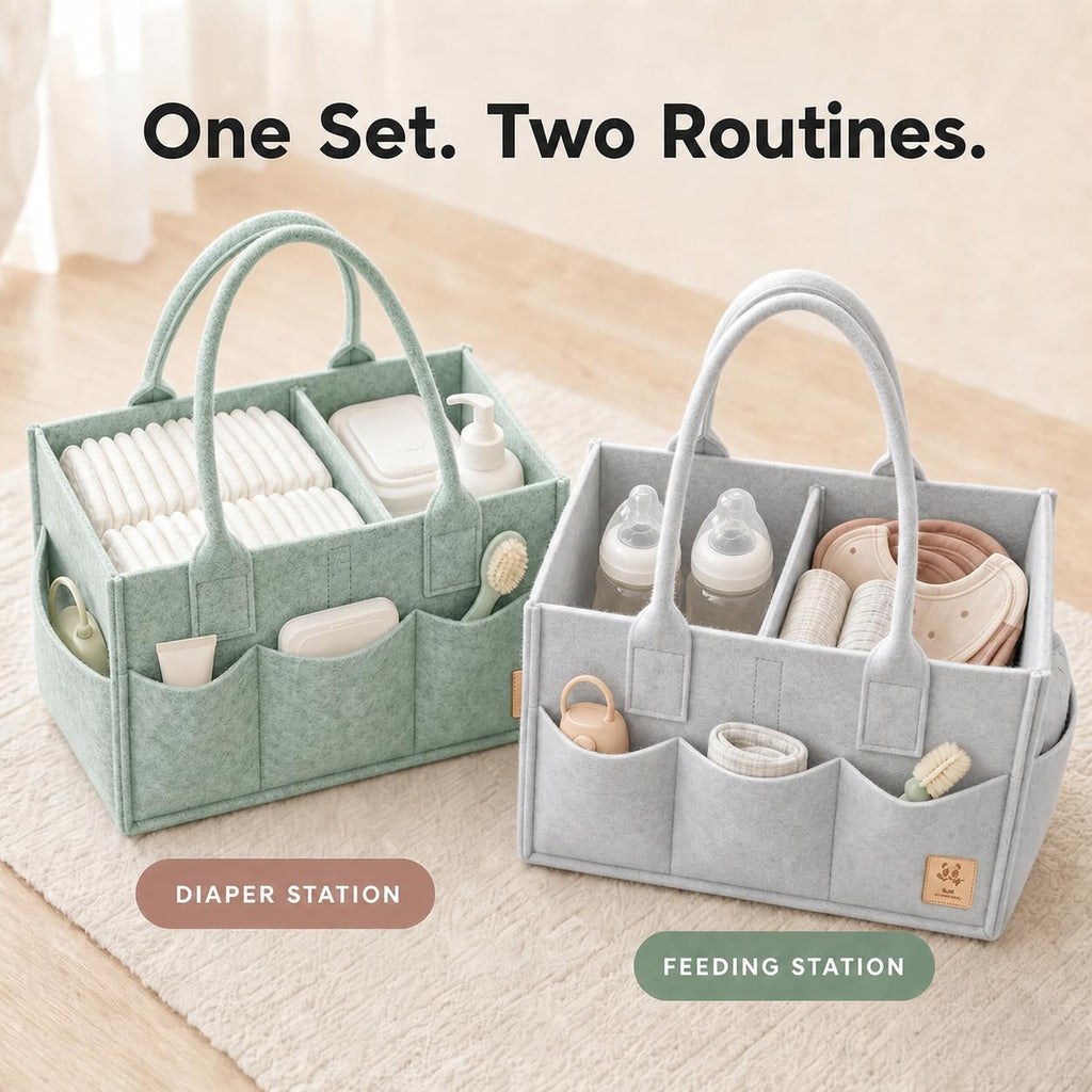 HIPHOP PANDA 2-Pack Diaper Caddy Organizer - Nursery Storage Bin & Car Organizer for Diapers, Wipes, and Baby Essentials - Dual-Color Solid Set (Grey/Green), Regular Size