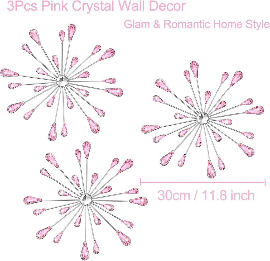 SIYIKRYP Set of 3 Pink Crystal Starburst Wall Decor, 11.8 Inch Modern Metal Sparkling Teardrop Diamond Wall Art, Glam Bling Hanging for Living Room Bedroom Bathroom Home Decor