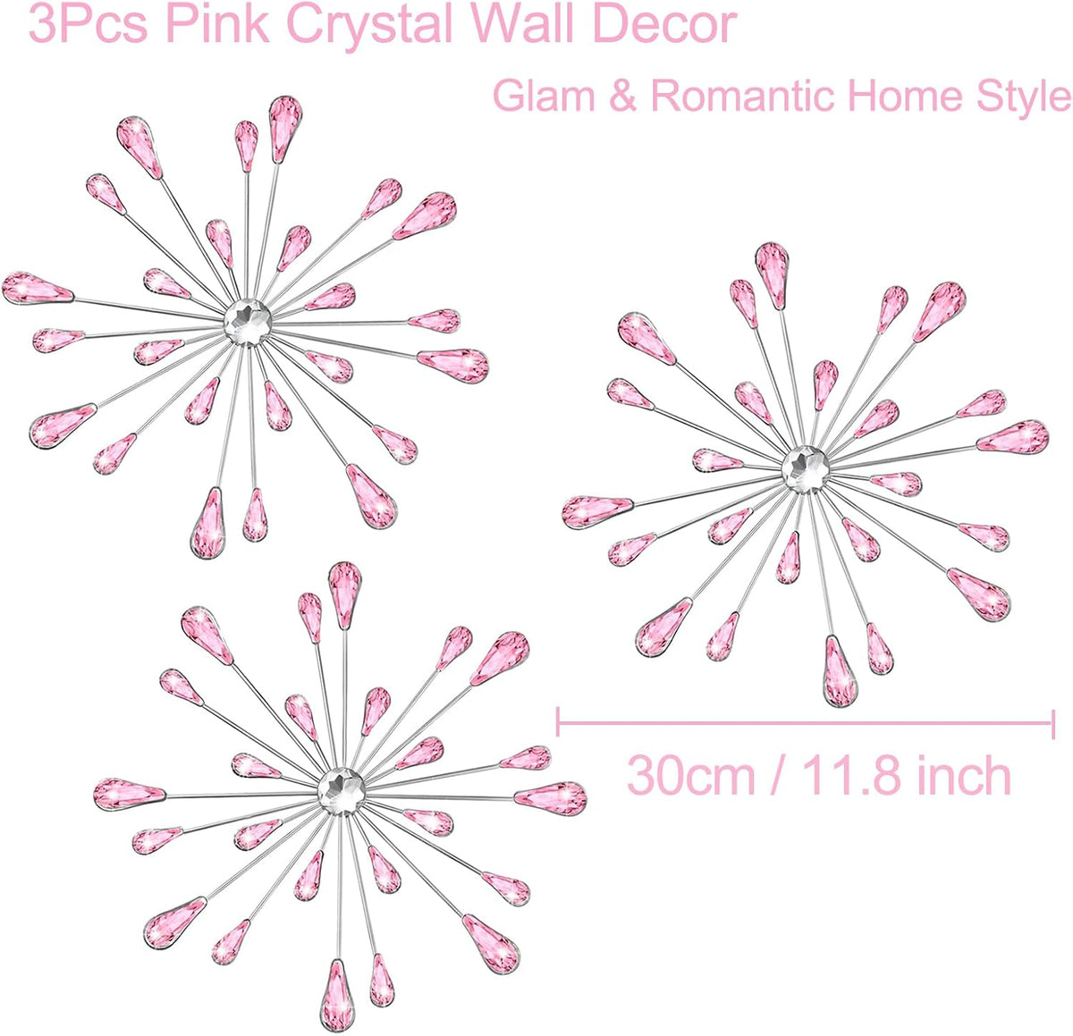 SIYIKRYP Set of 3 Pink Crystal Starburst Wall Decor, 11.8 Inch Modern Metal Sparkling Teardrop Diamond Wall Art, Glam Bling Hanging for Living Room Bedroom Bathroom Home Decor