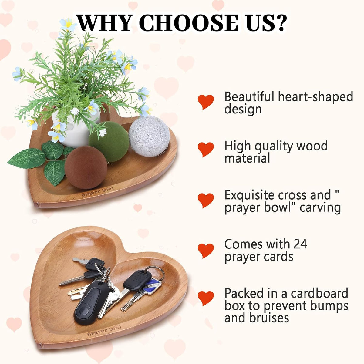 Prayer Bowl Wooden, Decorative Heart Shaped Bowl with Prayer Cards for Women, Christian Gifts for Women, Decorative Dough Bowls for Home Decor, Mothers Day Religious Gifts for Mom (Wood)