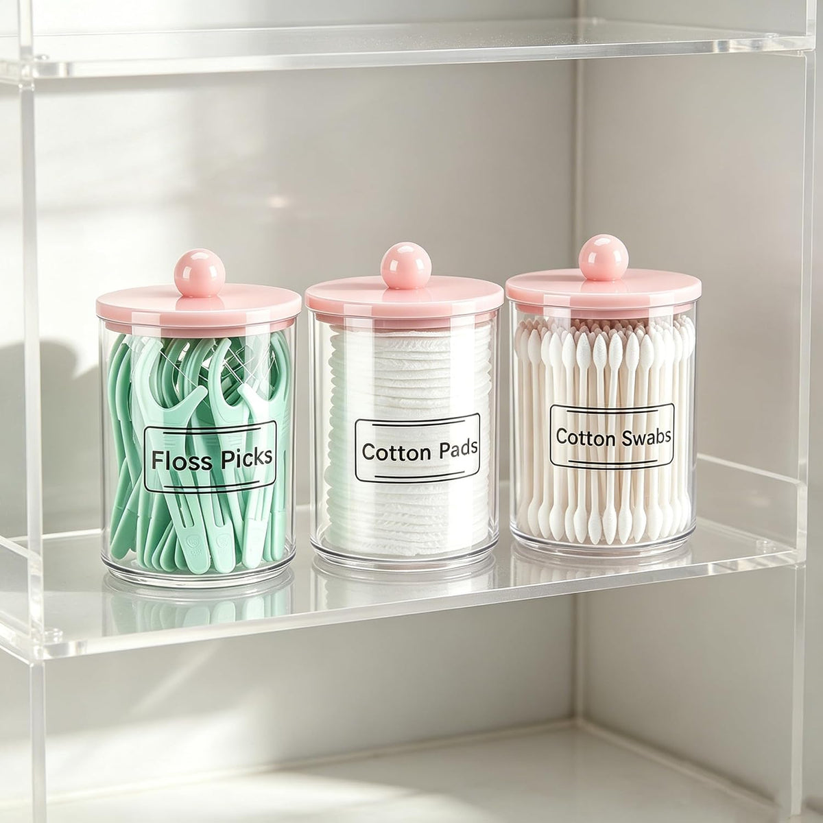 Tbestmax Qtip Holder Bathroom Canisters, 10 oz Bathroom Jars with Pink Lids for Cotton Ball Swab Pad Storage Dispenzer - Pack of 4