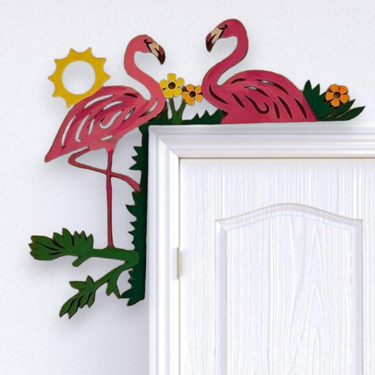 2024 Hand Painted Door Topper, Metal Right Sided Hummingbird Flower Cardinal Flamingo Starfish Leaf Funny Creative Door Frame Topper Corner Silhouette Wall Art Decor for Nature Lovers (Flamingo)