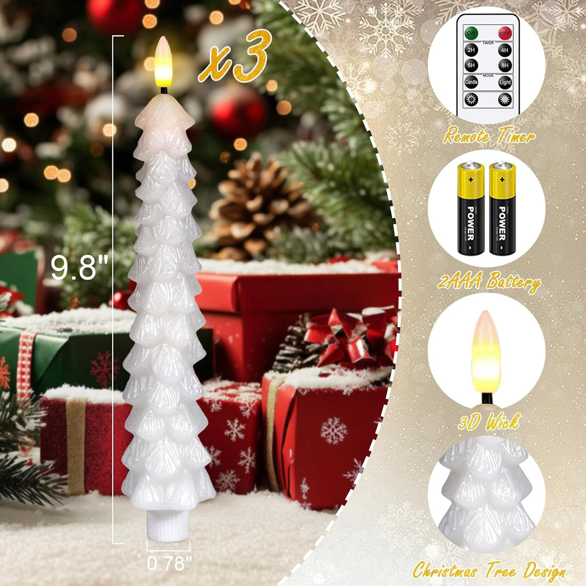 White Christmas Tree Flameless Taper Candles Battery Operated Remote Timer