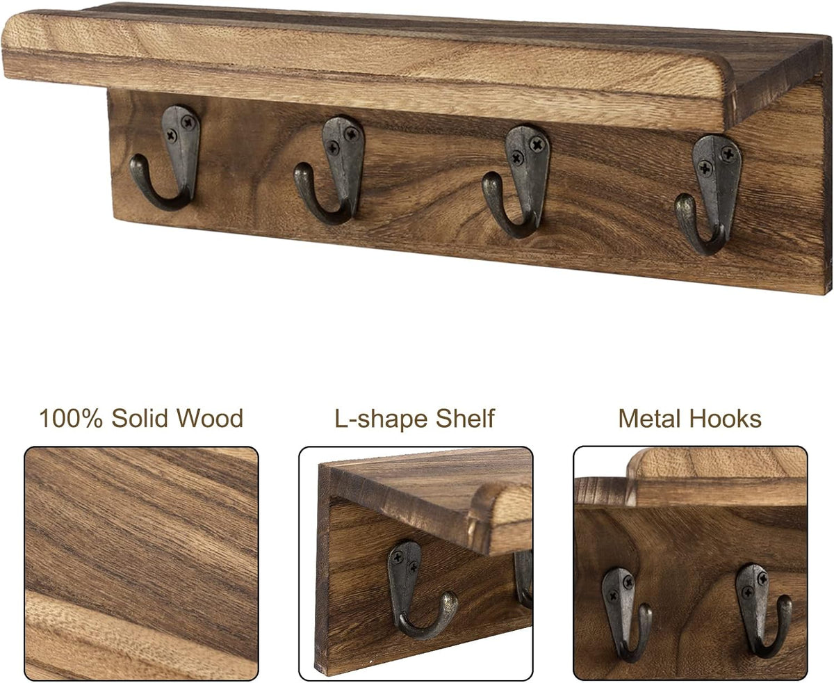 Key Holder Wall Mount, Farmhouse Wall Shelf with 4 Hooks for Entryway