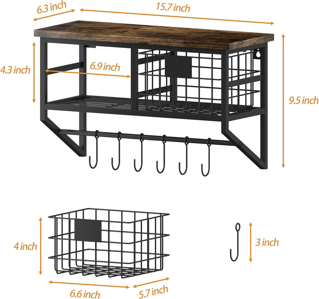 Helsin Industrial Wall Mounted Metal Wood Floating Shelves with Baskets Hooks Hanging Display Shelf Sundries Holder for Coffee Bar Kitchen Bathroom Organization and Home Decor, Black (16inch, 2 Sets)
