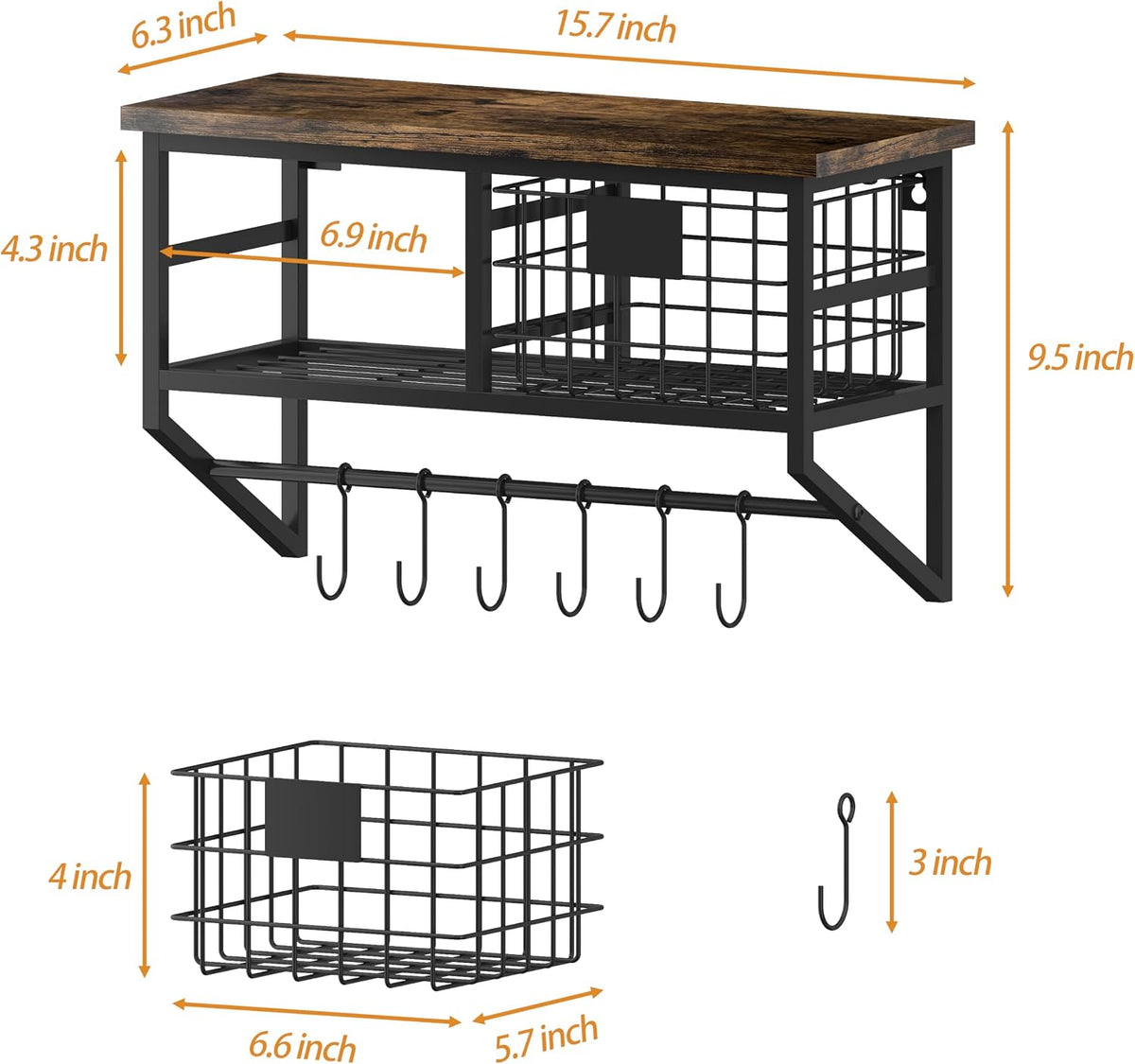 Helsin Industrial Wall Mounted Metal Wood Floating Shelves with Baskets Hooks Hanging Display Shelf Sundries Holder for Coffee Bar Kitchen Bathroom Organization and Home Decor, Black (16inch, 2 Sets)