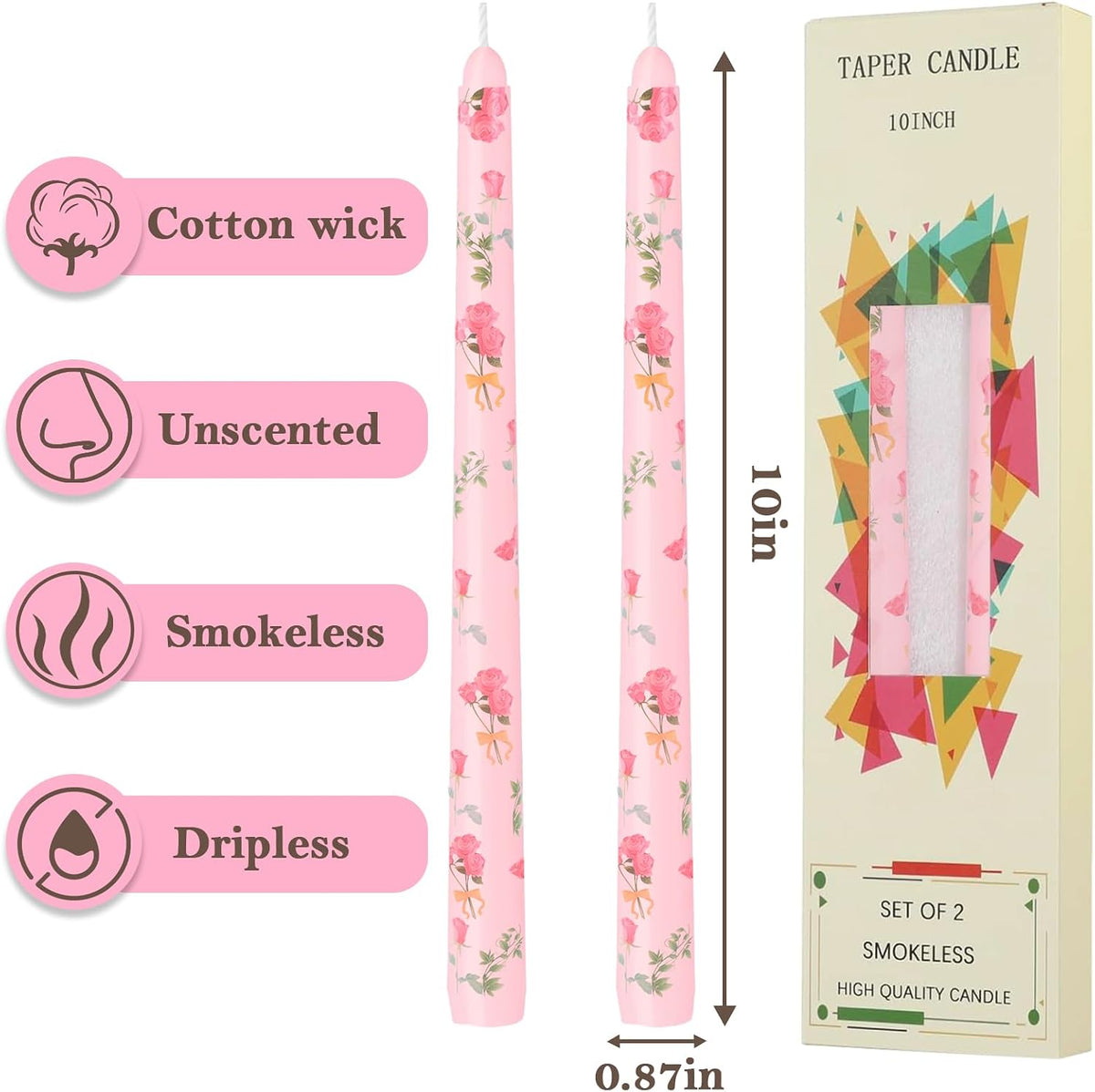 10 Inch Pink Printed Taper Candles for Mother's Day Unscented and Smokeless Tall Candlesticks, Long Burning, Ideal for Wedding Advent Parties