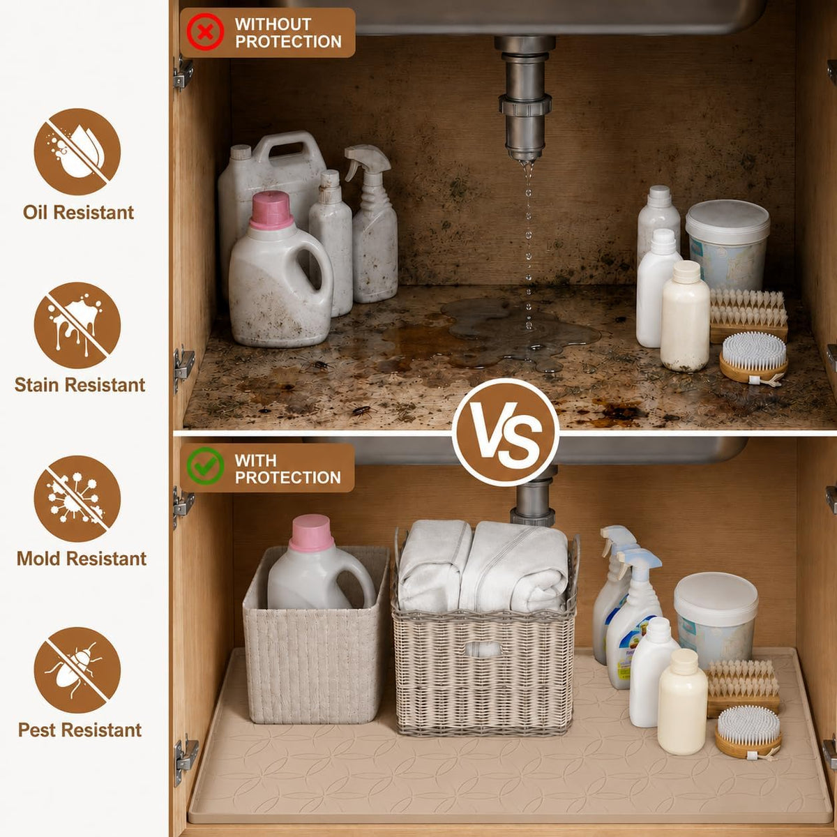 34"x22" Silicone Shelf Liner & Waterproof Under Sink Mat(Taupe)