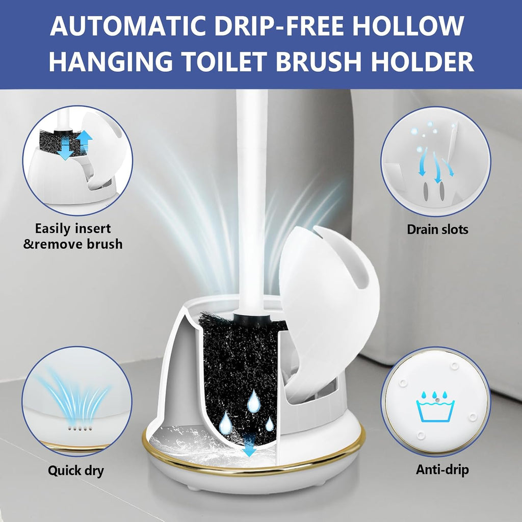 Gold Toilet Brush and Holder Set, Auto-Open Lid, Ventilated Base, White