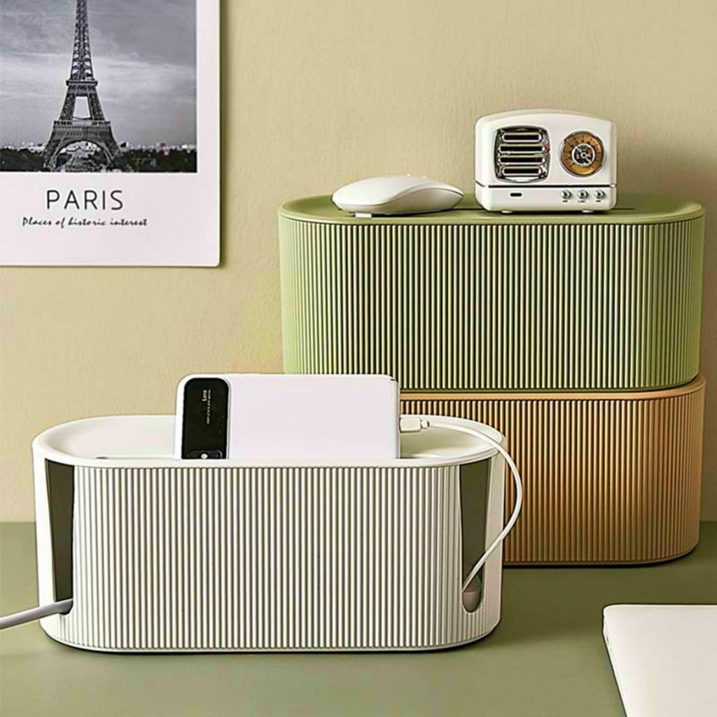 Cable Management Box,Desk Cord Organizer with Groove Cover,Plastic Cord Hider Box,Large Cable Box Organizer,Power Socket Management for TV/Computer/Router/Games Console Cable Storage (Milk Tea)