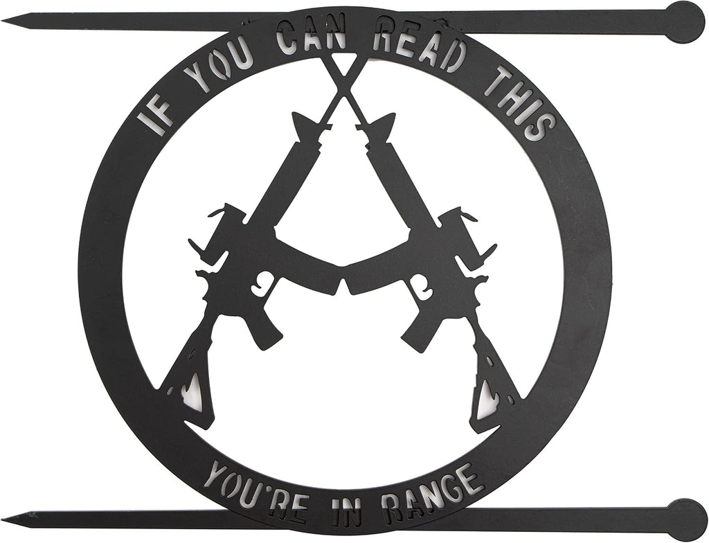 Metal No Trespassing Sign "You're In Range" Gun Metal Door, Wall or Tree Hanger Sign Decoration by GUTE - Wall Art - Outdoor/Indoor Monogram (12.5" Tall, 17.3" Wide, Black) - Hanger, Gun Owners (You're in Range)