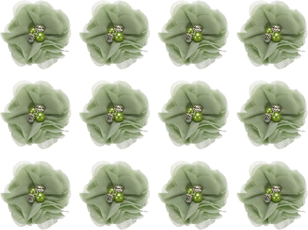MECCANIXITY Artificial Rhinestone Chiffon Flower Heads, Light Green Faux Flowers 2 Inch for DIY Craft Wedding and Party Decoration Pack of 12