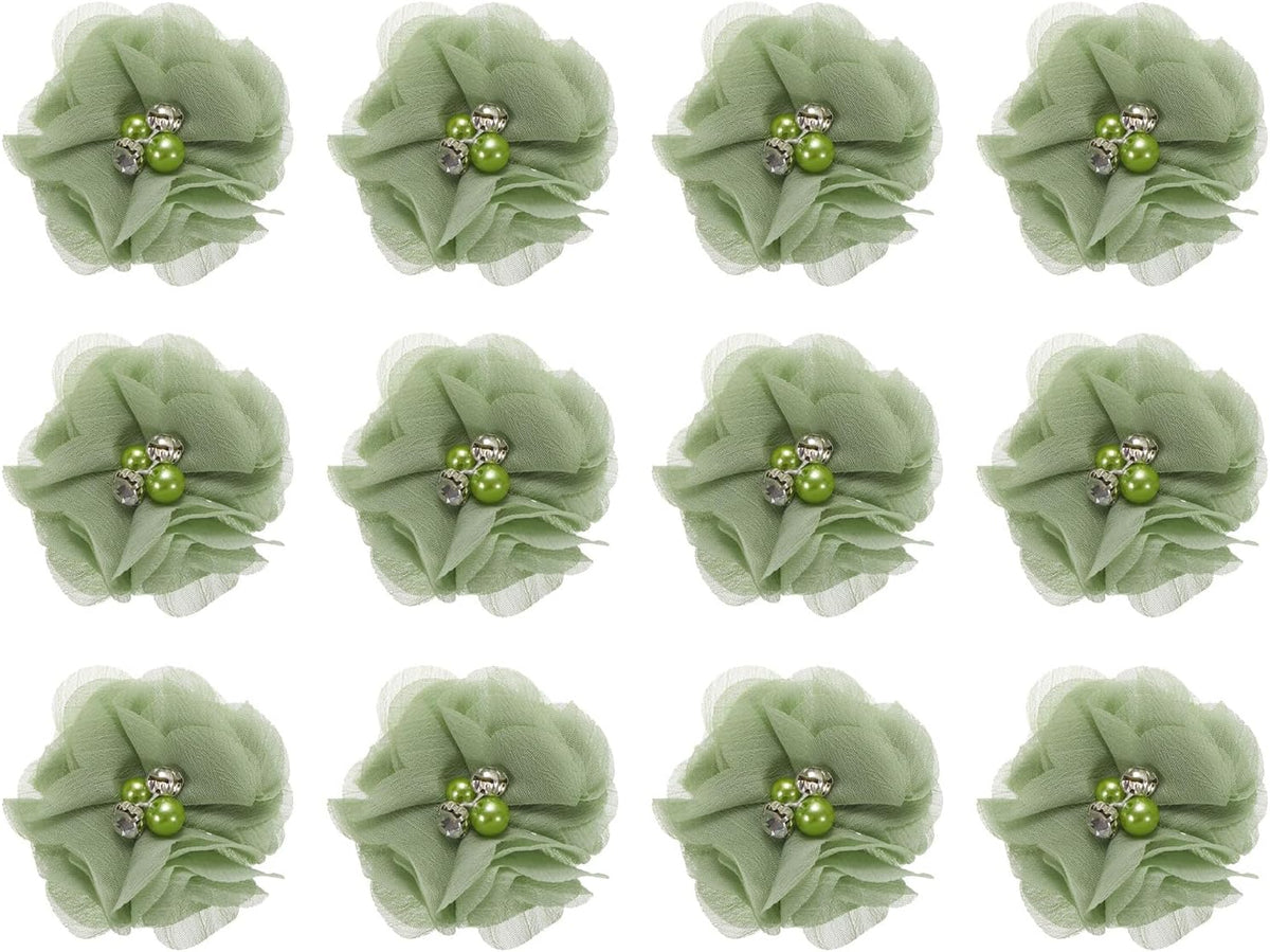 MECCANIXITY Artificial Rhinestone Chiffon Flower Heads, Light Green Faux Flowers 2 Inch for DIY Craft Wedding and Party Decoration Pack of 12