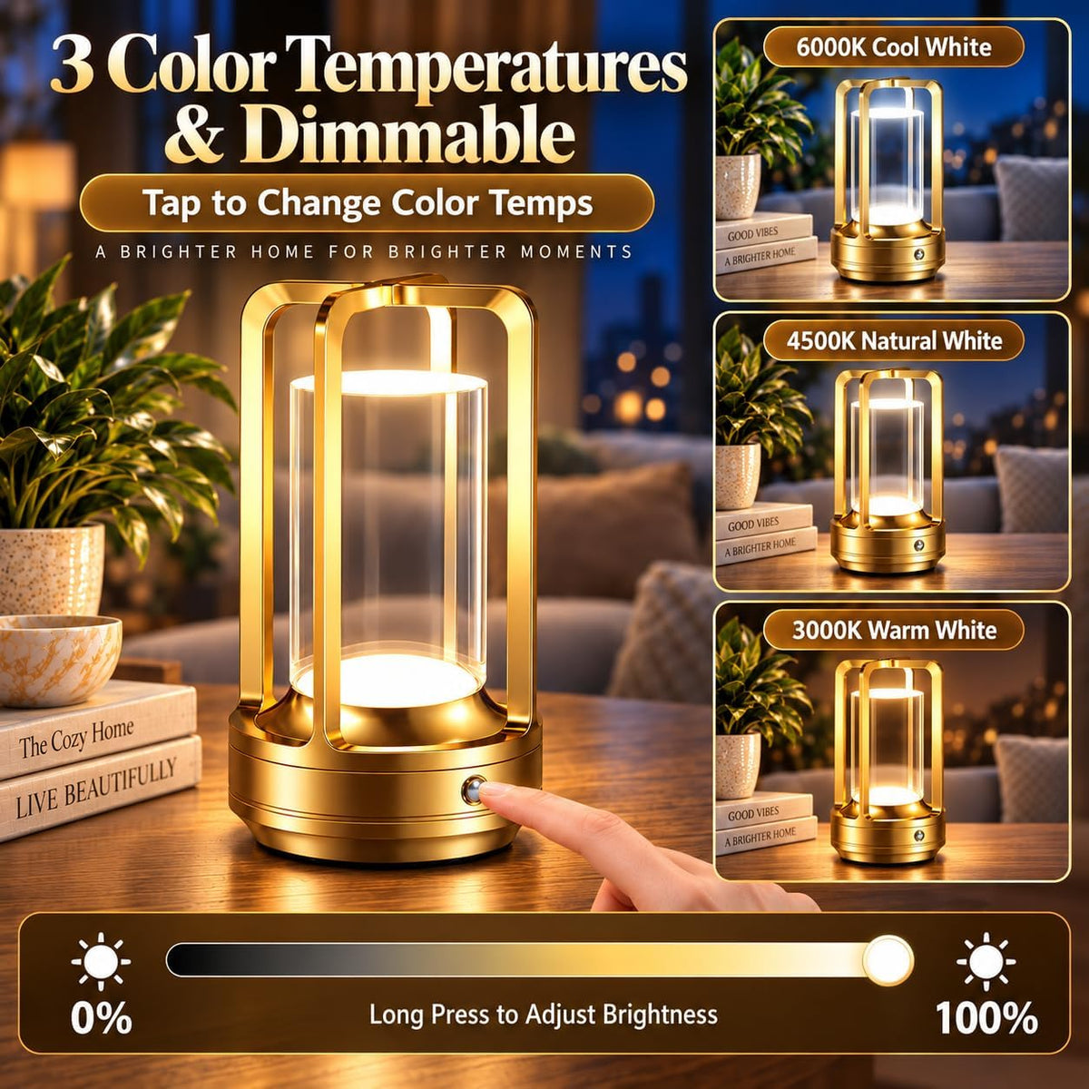 Rechargeable Table Lamp for Outdoor Indoor Portable Lamp with 3 Colors