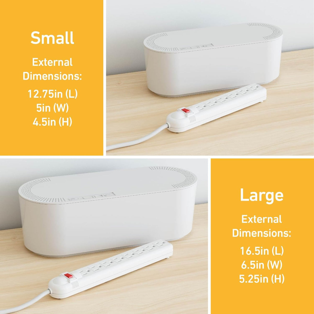 D-Line Cable Management Box, Power Strip Holder, Floor Outlet Hiders, Desk Cord Organizer, Cover TV Wires, Wire Storage – 16.5 in (Length) x 6.5in (Width) x 5.25in (Height) - Large, White