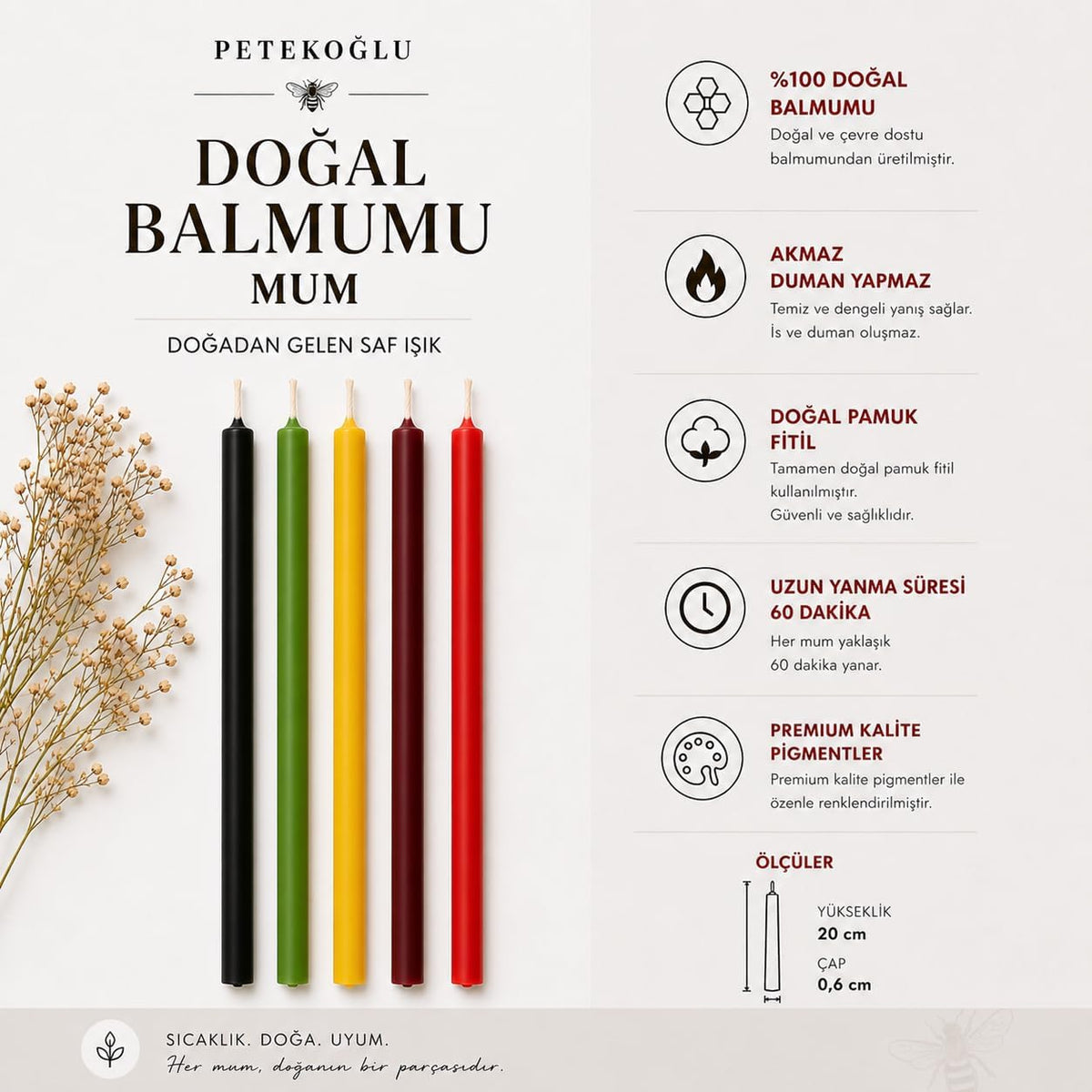 Petekoğlu 100% Natural Beeswax Candles (40 Pack) – Thin Taper Multi Color Set (20 cm) for Birthday, Church, Prayer, Christmas & Home Decor