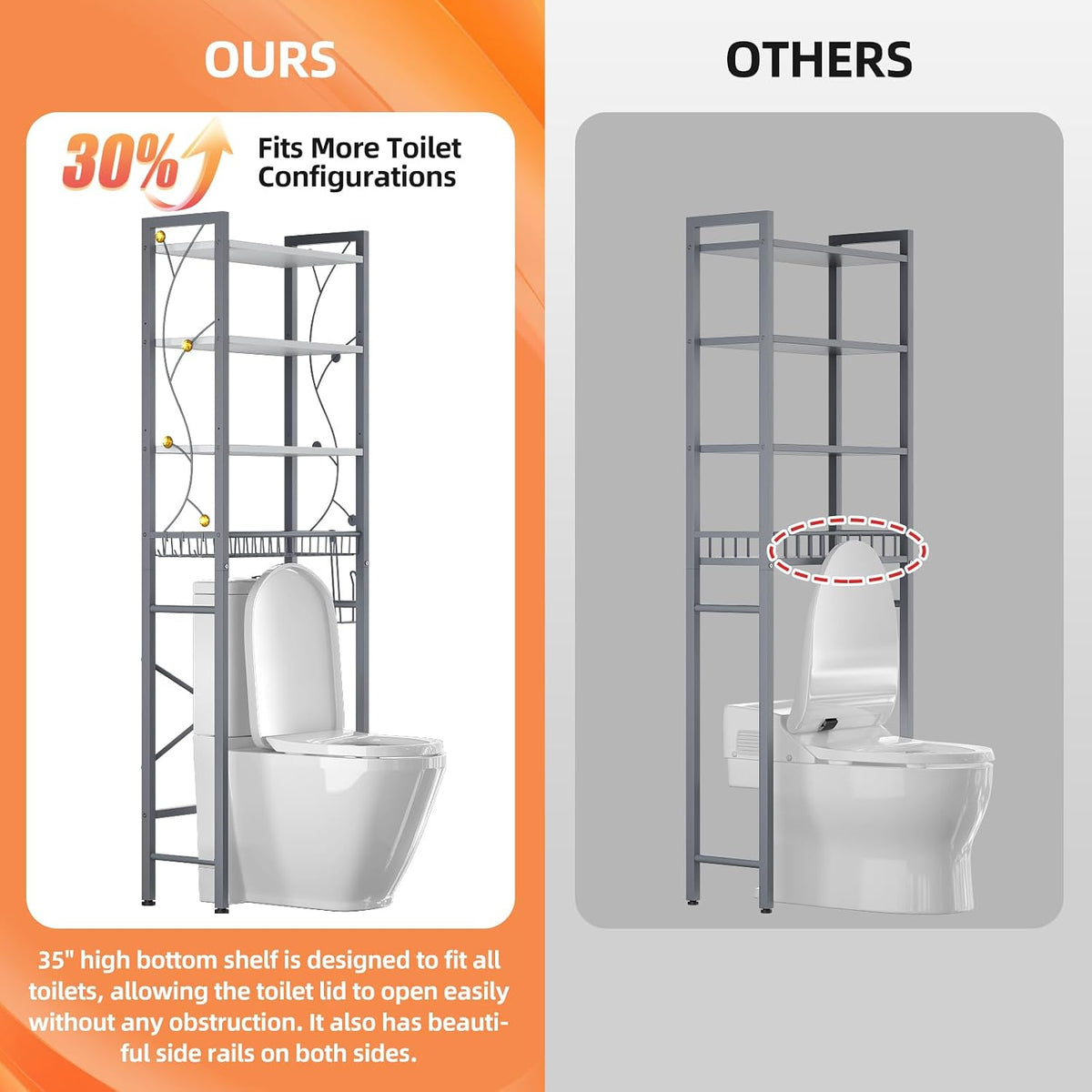 Over-The-Toilet Storage Rack, 4-Tier Bathroom Organizer Shelf Over Toilet with Adjustable Shelf and Basket, Freestanding Space Saver Bathroom Shelves Above Toilet for Room (Gray White)