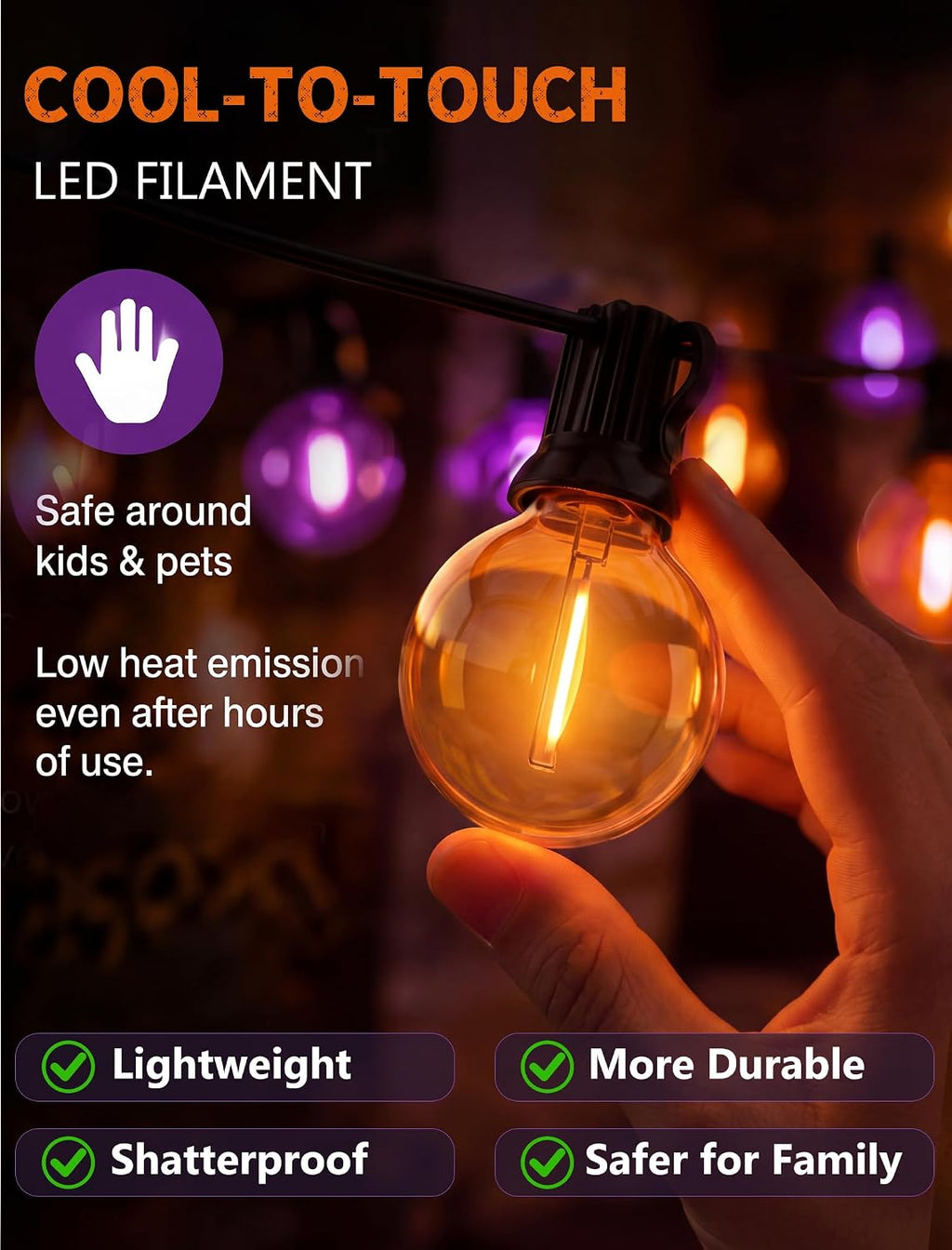 25 Pack G40 Orange and Purple LED Light Bulbs, Shatterproof Plastic Replacement Bulbs, E12 Candelabra Base 0.6W 120V, 2700K Waterproof Outdoor Globe Bulbs for Halloween Decor Patio String Lights