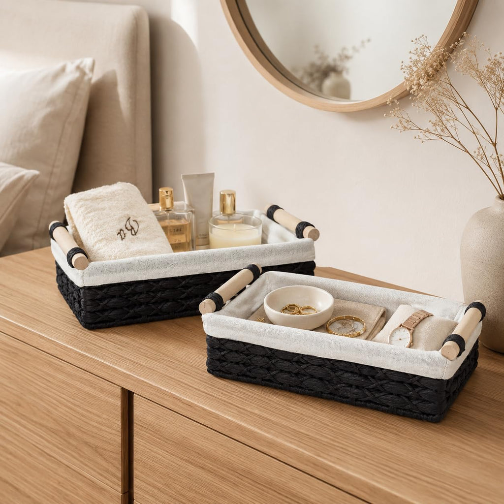 Black Bathroom Baskets Set of 2, Paper Rope, Wood Handles