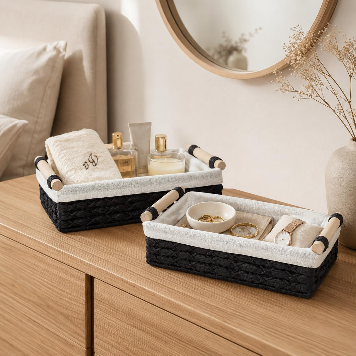 Black Bathroom Baskets Set of 2, Paper Rope, Wood Handles