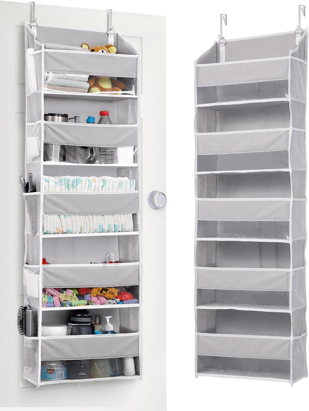 ULG 1 Pack Over Door Organizer with 5 Large Pockets 10 Mesh Side Pockets, 44 lbs Weight Capacity Hanging Storage Organizer with Clear Window for Kids Toys, Shoes, Diapers, Grey, 5 Layer
