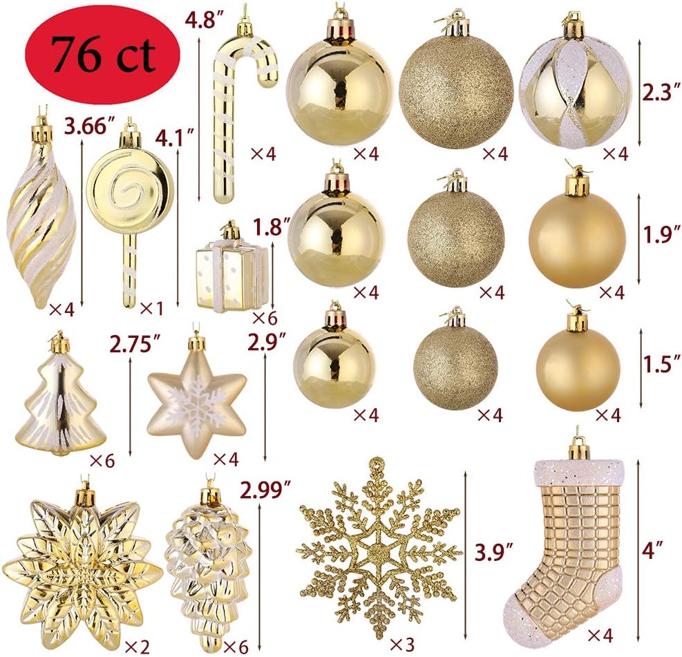 Sattiyrch 76ct Christmas Tree Ornaments Set,Golden Shatterproof Christmas Balls Decorations,Xmas Decorative Hanging Ornaments(Golden)