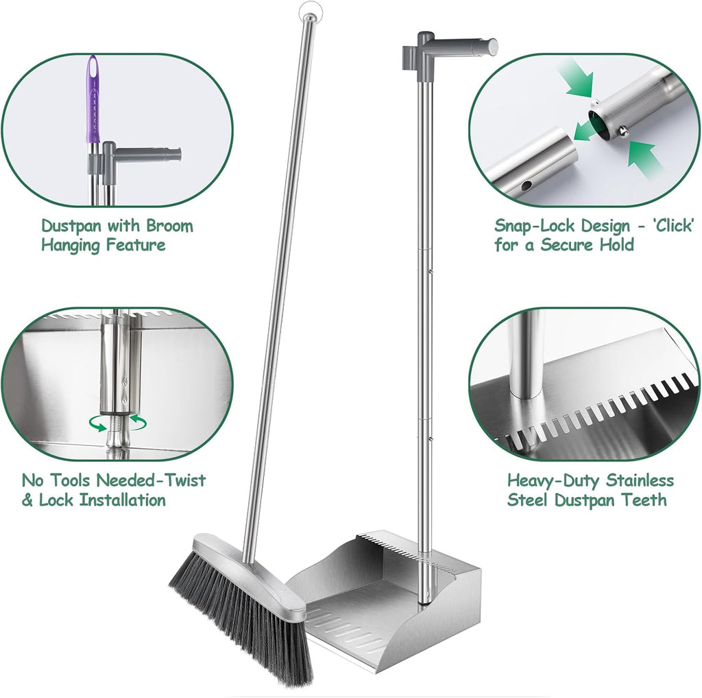 Dustpan with Broom Set,Long Handle Stainless Steel Dustpan and Broom Combo