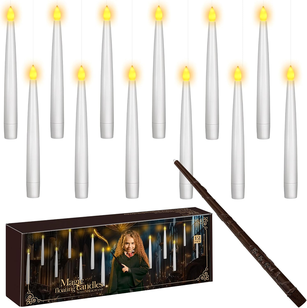 12pcs Flameless Taper Candles with Remote, Dimmer, 3D Battery Operated Window Taper Candle with Flickering Light, 6.3IN Floating Hanging Candles with Wand, Christmas Decor for Home Wedding