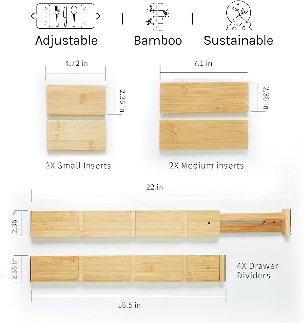 Adjustable Drawer Dividers Pack of 4 with Inserts, Set Kitchen Drawer Organizer for Utensils, Spice Organization, Deep Drawers and Baby Clothes
