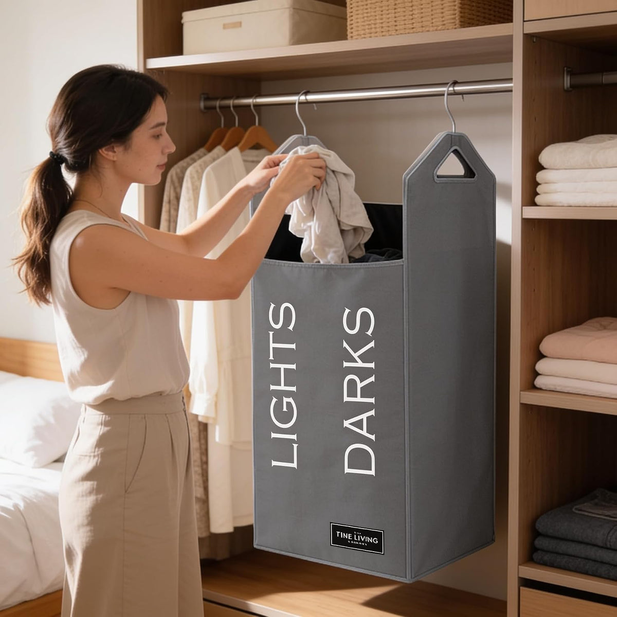 TFLC Hanging Laundry Hamper Bag With Hanger, Dual Compartment, Grey