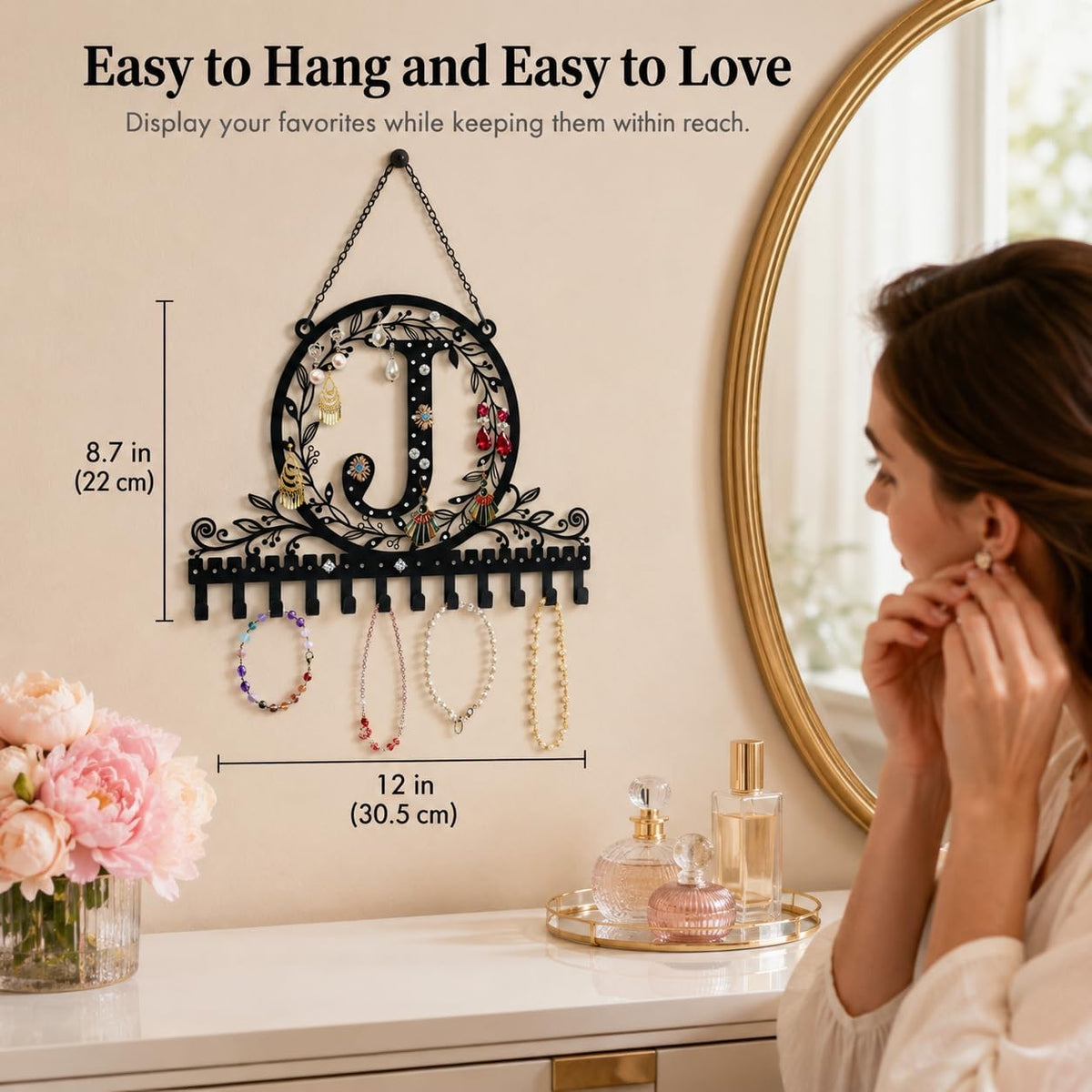 Personalized Wall Mounted Metal Initial Letter J Earring Holder Jewelry Organizer for Earrings and Necklaces Space Saving Wall Display with Hooks Jewelry Storage Bedroom Vanity Gift for Women
