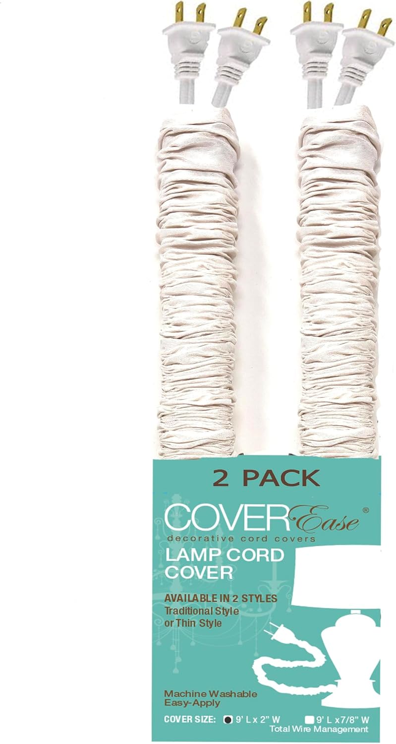 Off White COVEREase Cord Cover 9 ft Faux Silk Fabric Lamp Cord Cover - Cable Sleeve, Wire Cover, Cord Hider for Cable Management for Electrical Lighting Fixtures (2 Pack)