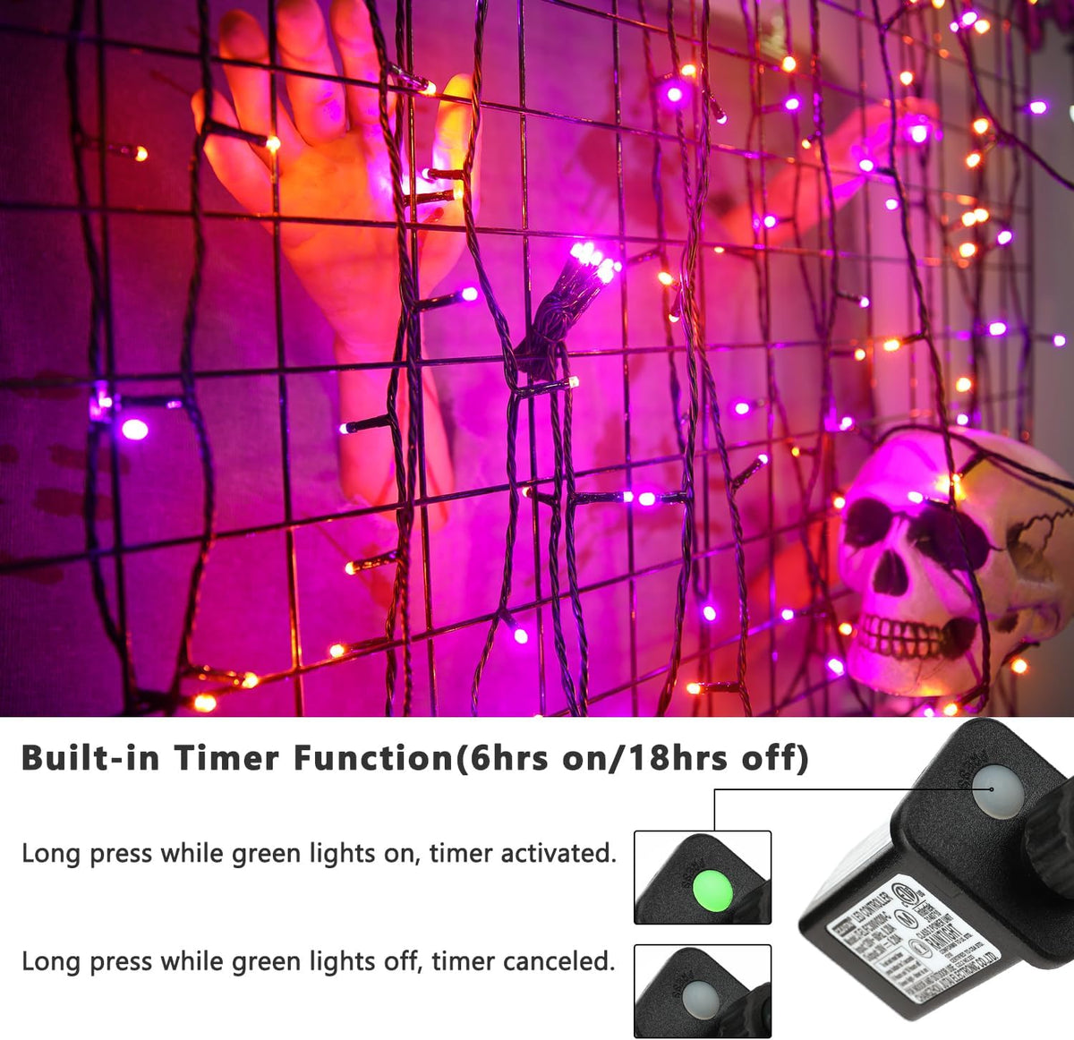 ODEETRONIC Purple & Orange Halloween Lights Outdoor, 98.42 ft, 300 LED