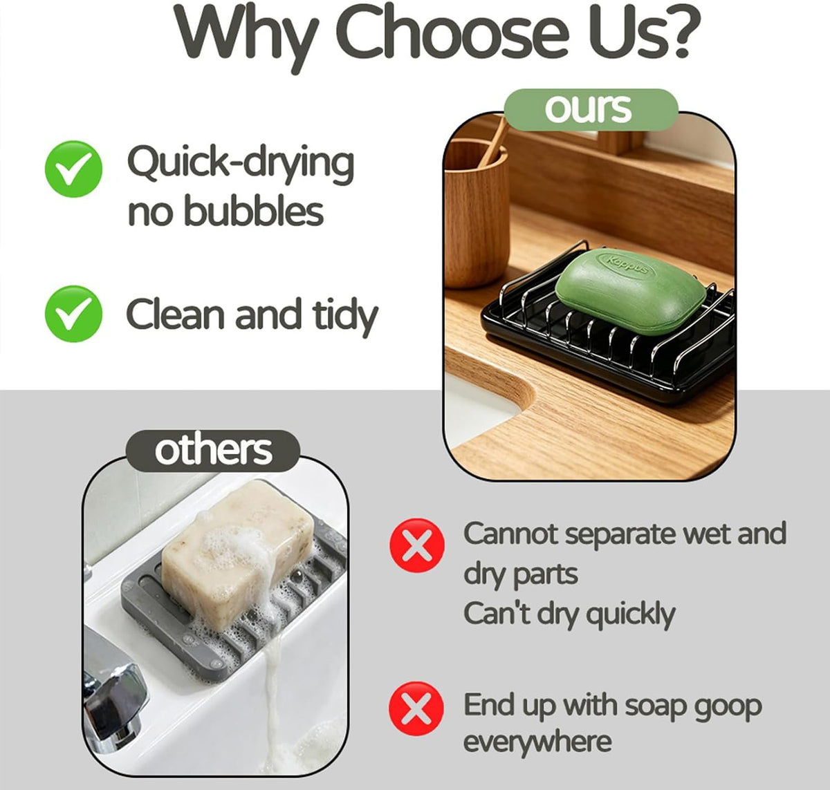 Soap Dish Drain Tray Self Draining Soap Holder Sponge Holder Soap Dishes for Shower, Bathroom, Kitchen Sink (1, C-Black)