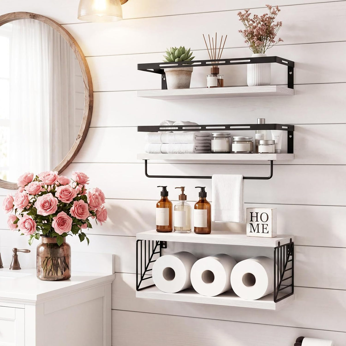 Fixwal Wall Mounted Bathroom Shelves Over Toilet (3+1 White)
