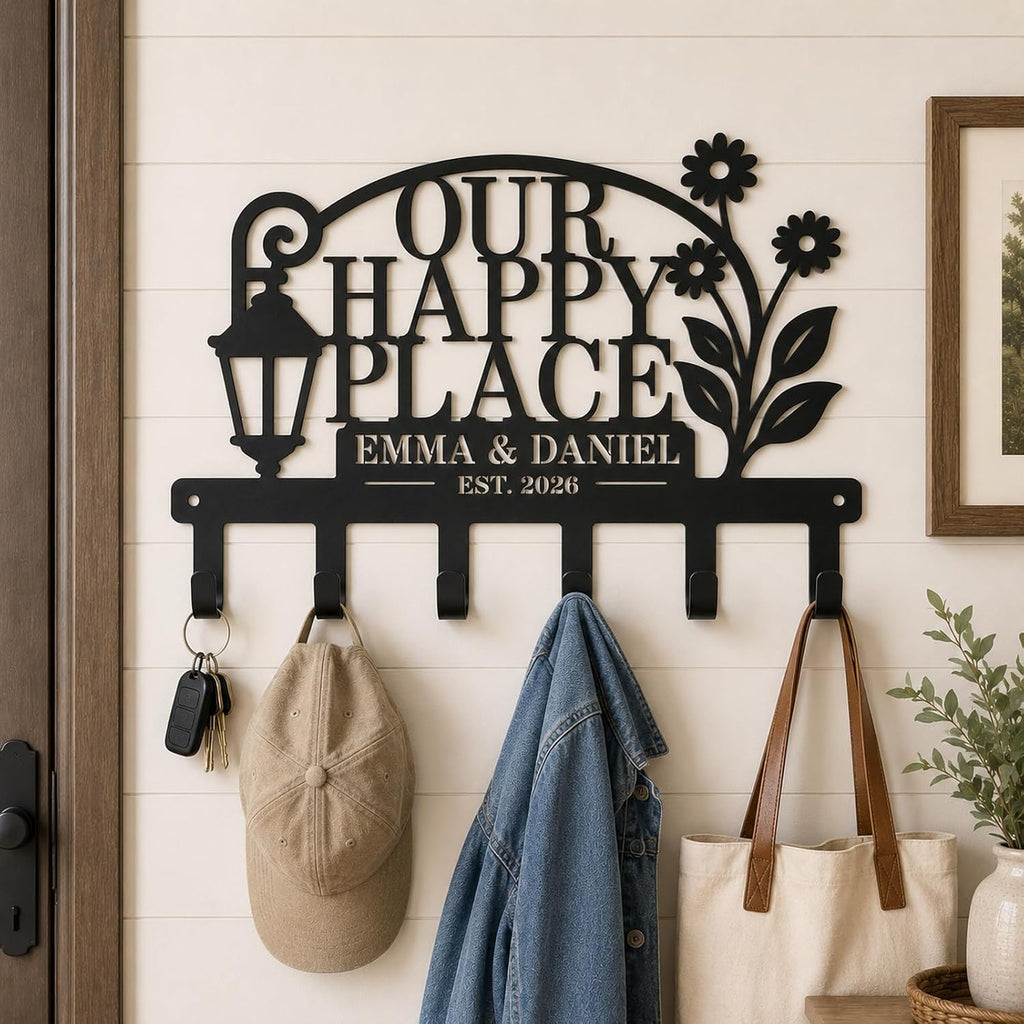 Personalized Happy Place Key Holder Custom Family Name Metal Wall Key Hooks
