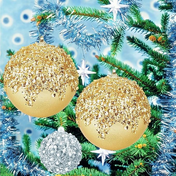 3Pcs Christmas Balls Ornaments -Shatterproof Christmas Ball for Xmas Tree Decorations Hanging,Wedding Party Holiday Decorations Gold Glitter Ball 4.75in x 3 Pack
