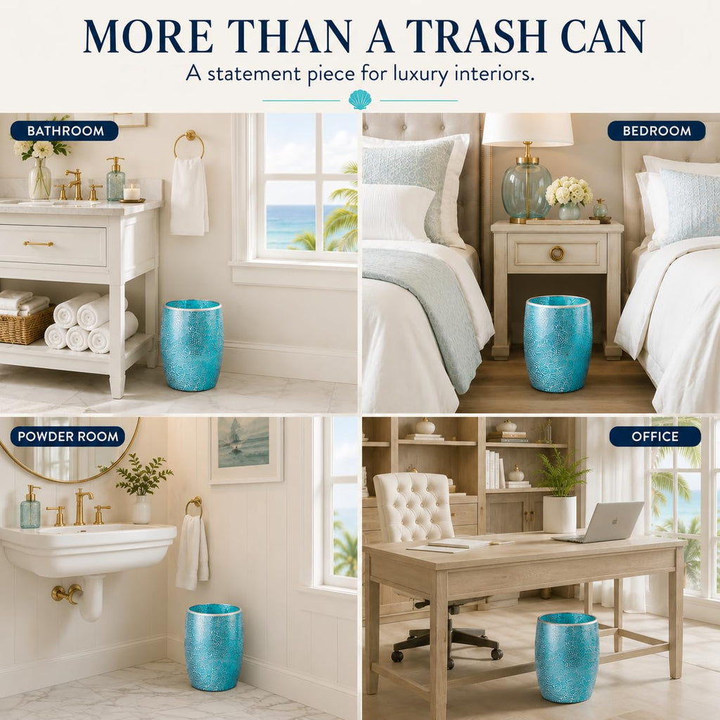 Escenzy Turquoise Bathroom Trash Can, Handmade Mosaic Glass 1.3 Gal / 5L | Decorative Waste Basket for Bathroom, Bedroom, Office | Luxury Coastal Bathroom Decor | Boho Home Decor Gift