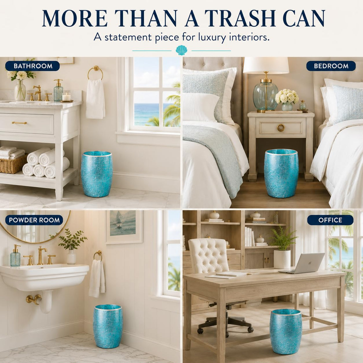 Escenzy Turquoise Bathroom Trash Can, Handmade Mosaic Glass 1.3 Gal / 5L | Decorative Waste Basket for Bathroom, Bedroom, Office | Luxury Coastal Bathroom Decor | Boho Home Decor Gift