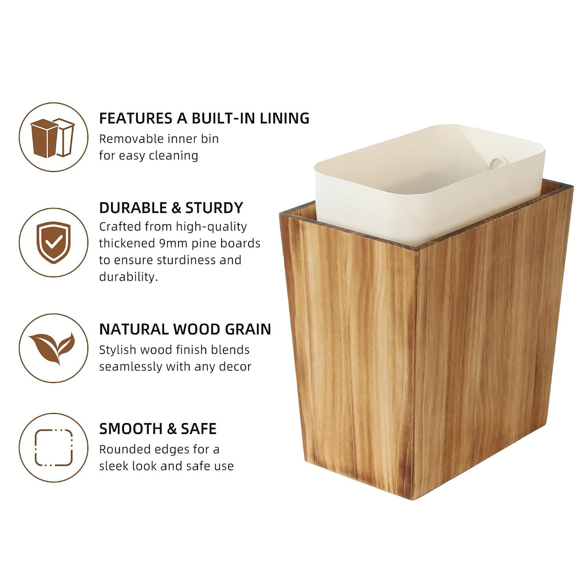 Coeusy 2 Gallon Wood Trash Can with Liner,Small Wooden Bathroom Trash Can
