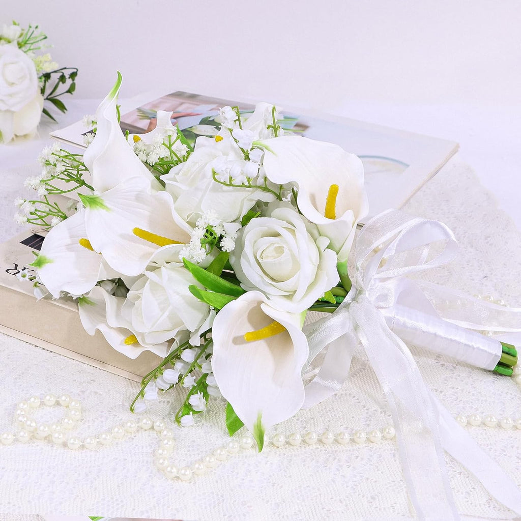 Wedding Bouquets for Bride Bridesmaid 13.8 Inch Ivory White Calla Lilies Artificial Roses Flowers Bridal Bouquets for Bride Wedding Marriage Proposal Party Church Decoration