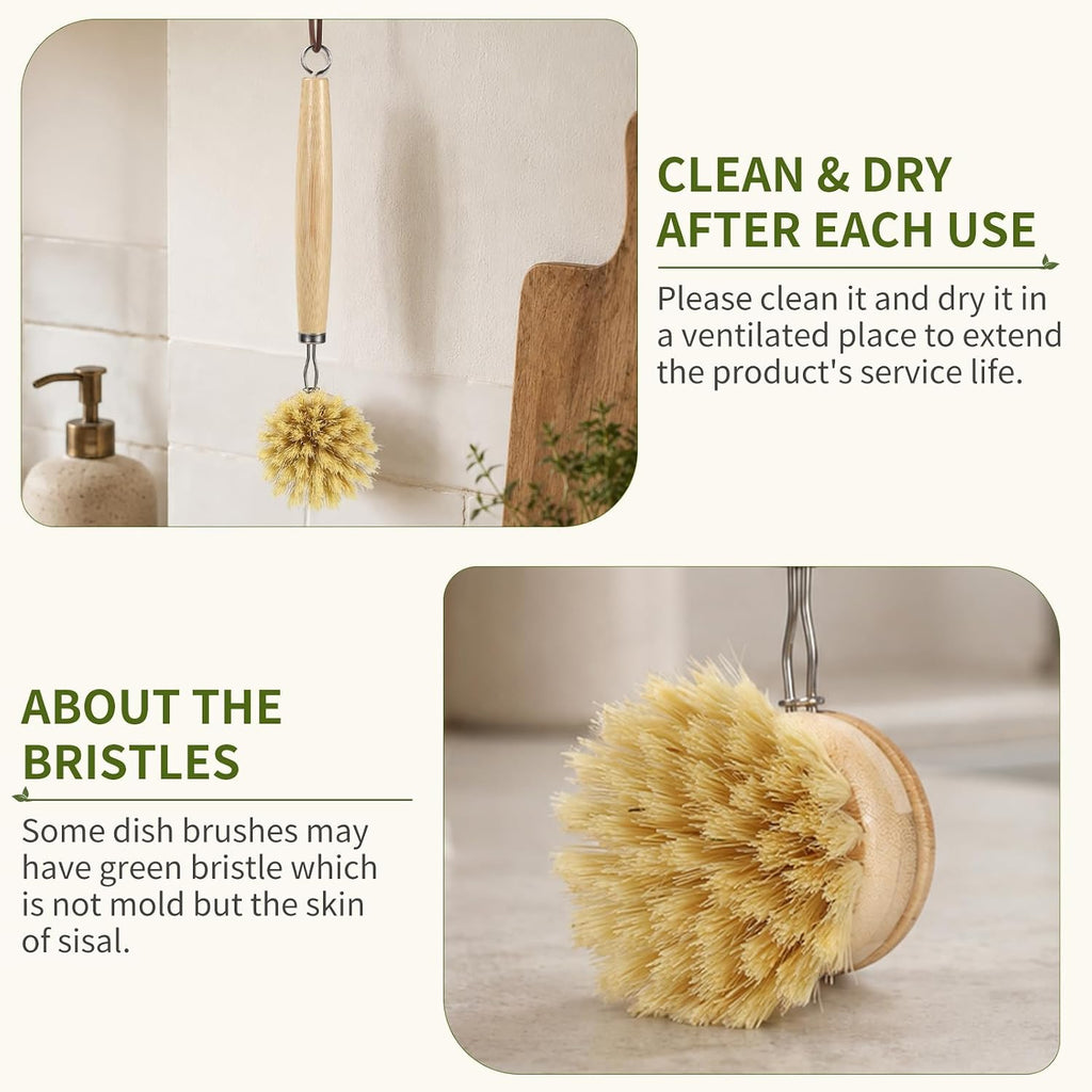 Bamboo Dish Brush with Handle, Natural Dish Brush Set Includes 2 Replacement Brush Heads, Kitchen Scrub Brush with Sisal and Palm Bristle for Cleaning Dishes, Pans and Vegetables