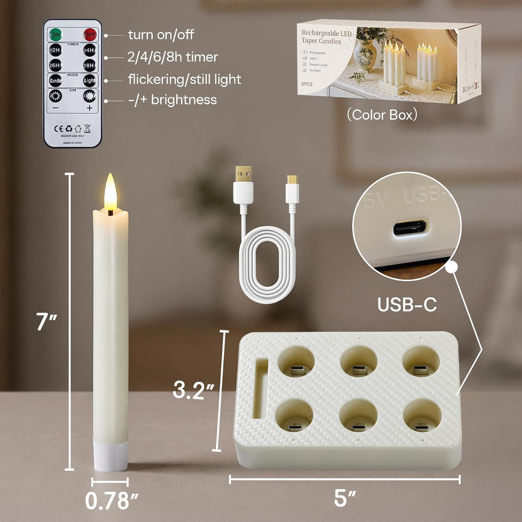 Rechargeable LED Taper Candles with Remote Timer, Flameless Ivory Real Wax Set of 6 with Charging Station, Flickering 3D-Wick Warm Light Candlesticks for Home Decor (0.78" x 7")