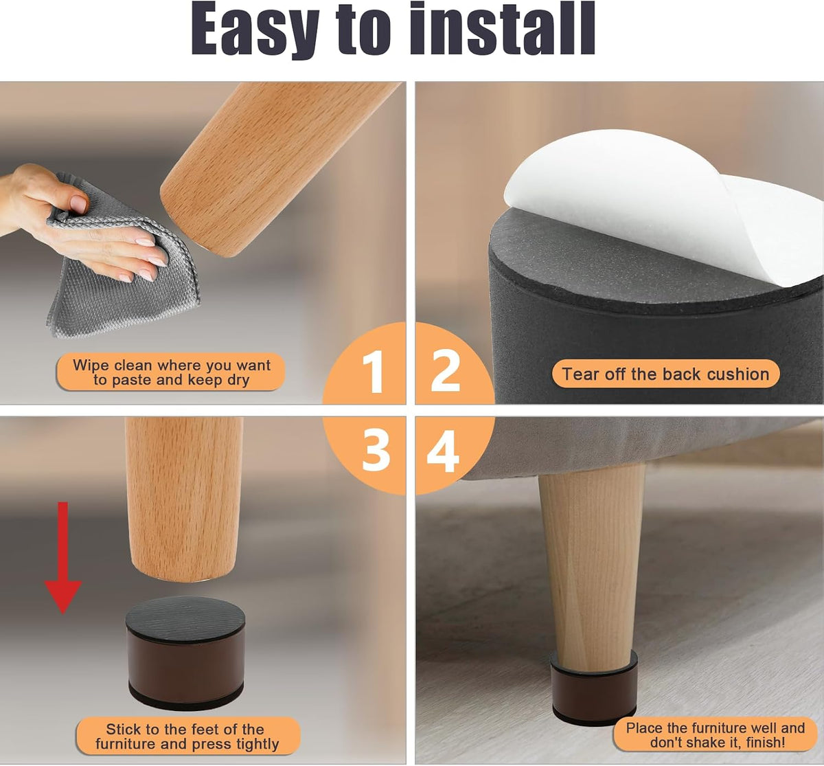 Biaungdo 4 Pcs Self-Adhesive Furniture Risers, 1.5", Black