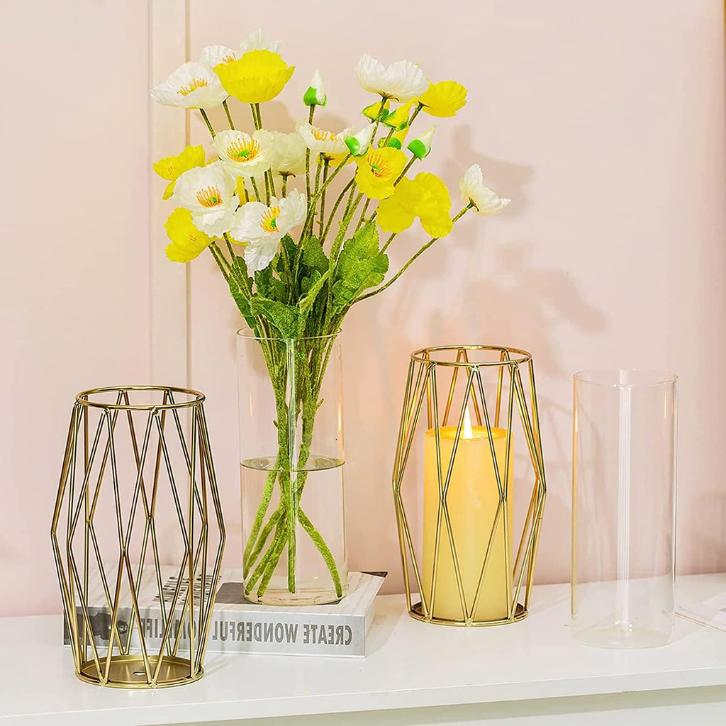 Gold Modern Flower Vases for Centerpieces – Hewory 8.5inch Glass Vase with Metal Stand Set of 2, Wide Big Tall Geometric Vases for Flowers, Flower Holders for Wedding Home Decor (Small,2pcs)