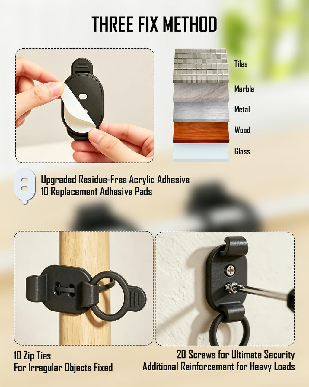 OneLeaf 10-Pack Adhesive Cable Management Clips, Desk Cable Clips, Black