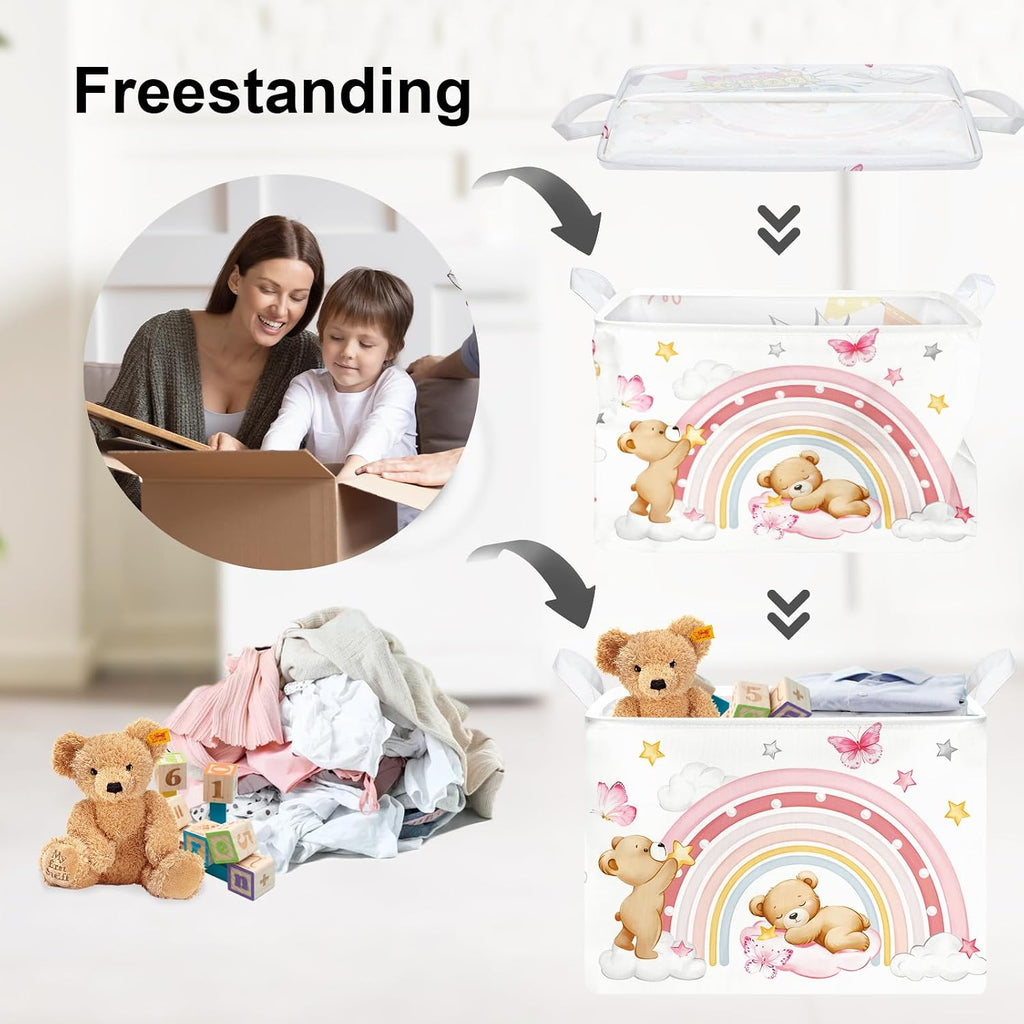 Clastyle Rainbow Kid Storage Basket Foldable Girl Laundry Hamper, 36L Bear