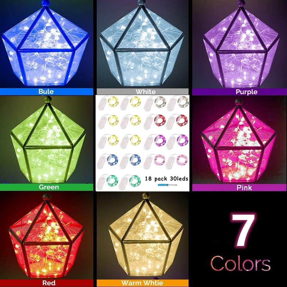 YJFWAL 18 Pack Fairy String Lights(Batteries Included) 10.2FT 30LEDs Waterproof Copper Wire Firefly Light Mini Starry Moon Lights for DIY Wedding Party Mason Jars Christmas Tree Gift Deco (7 Colors)